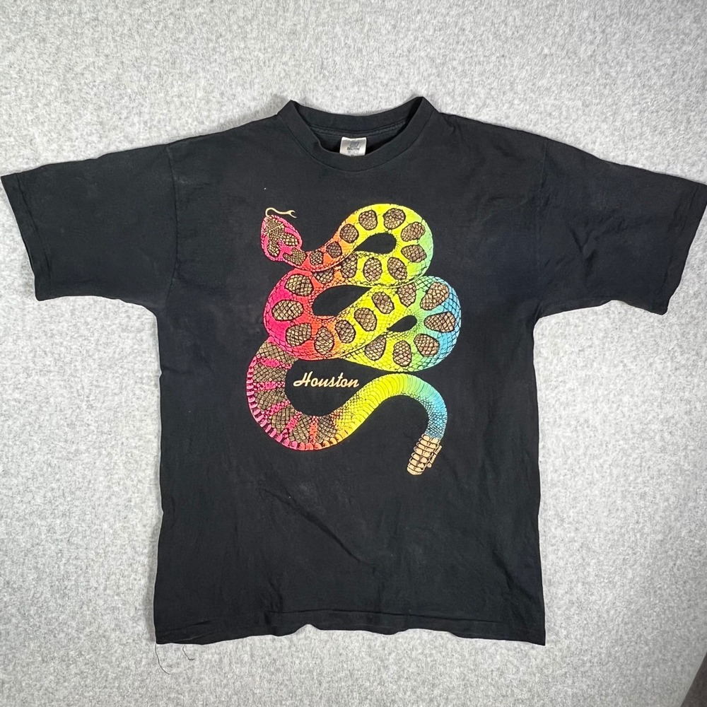 VTG Puff 3D Print Houston Rattlesnake Shirt XL Rainbow Neon 90s USA Belton *flaw